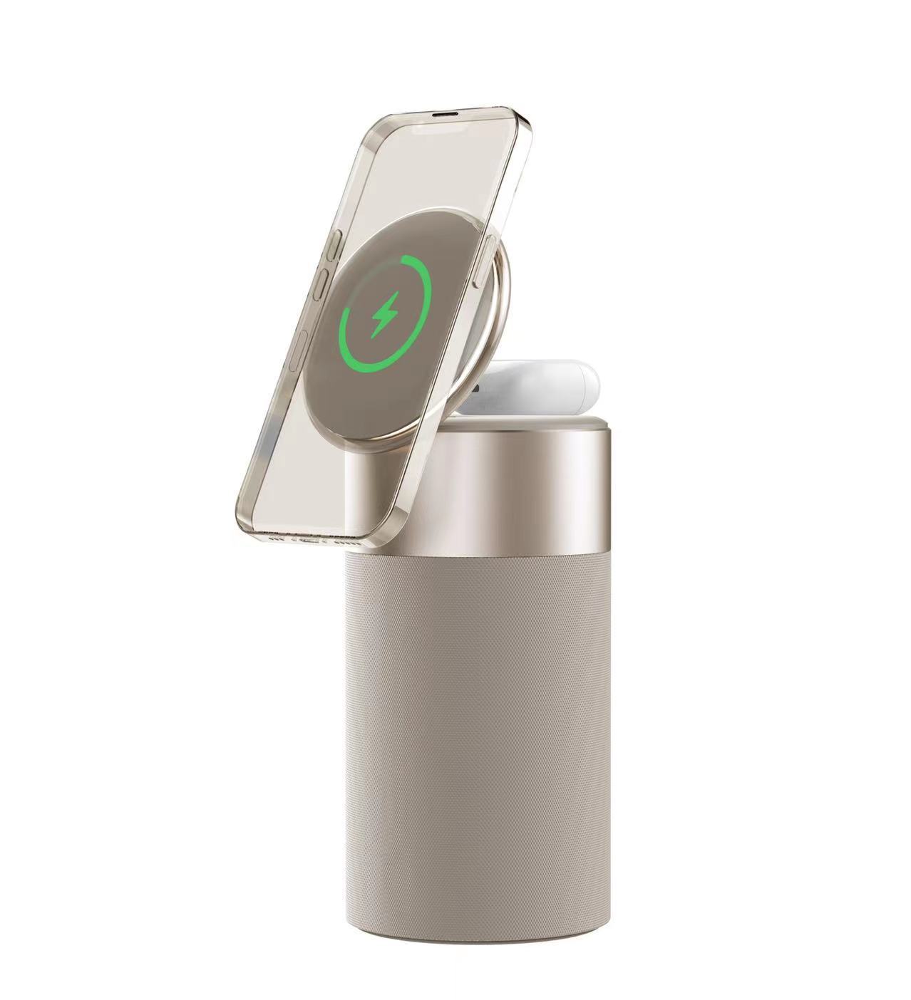 3 In 1 Multi-Function IPhone And Air-pods Wireless Charger. Bluetooth Speaker With Touch Lamp